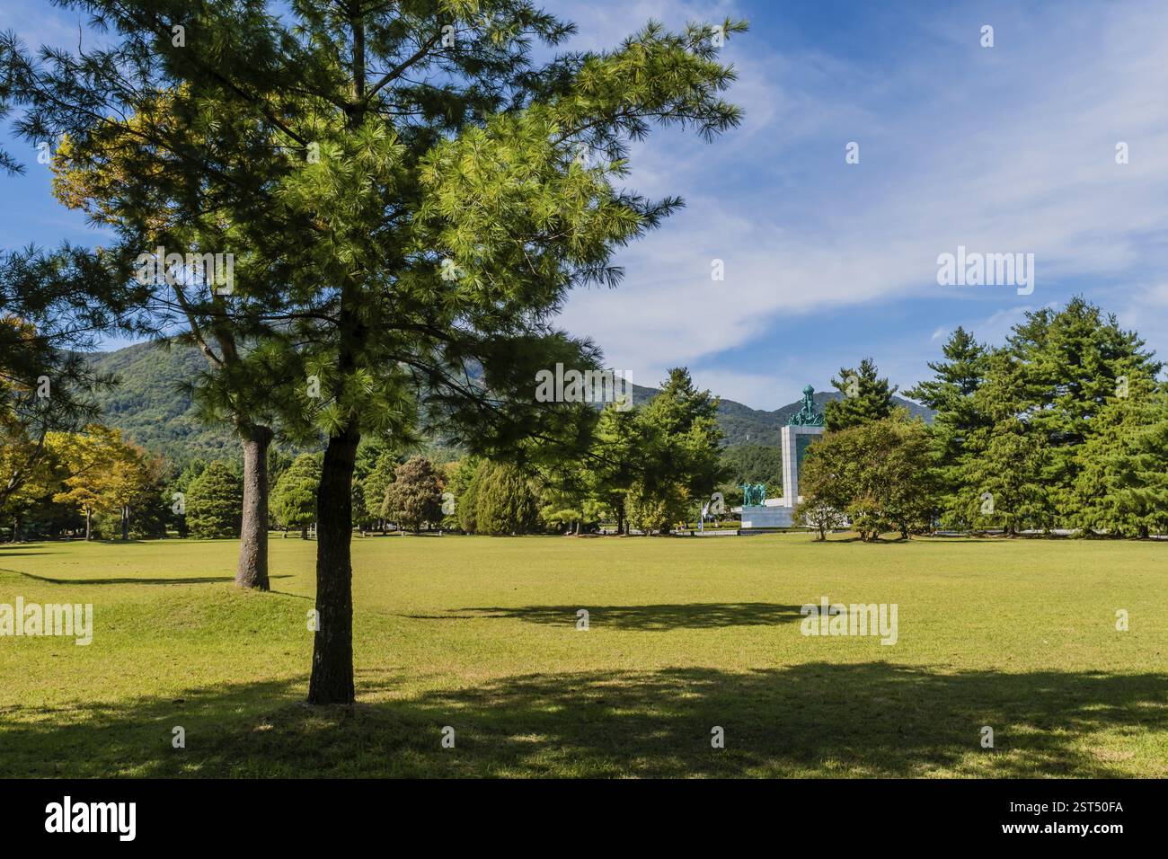 Daejeon, Südkorea, 9. Oktober 2019: Statue der zehn Langlebigkeit und der nationalen Verteidigung hinter einer Reihe von Bäumen auf dem Nationalfriedhof in Asien Stockfoto