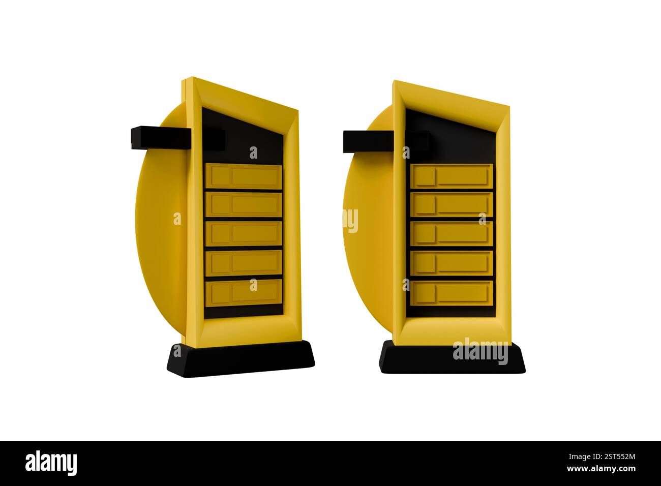 3D-Modell eines Werbebanner mit Platz für die Preise von Tankstellen in gelb und schwarz Stockfoto