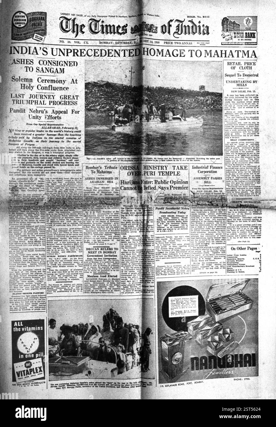 Titelseite der Zeiten von Indien, 14. Februar 1948 - MODEL RELEASE NICHT VERFÜGBAR Stockfoto