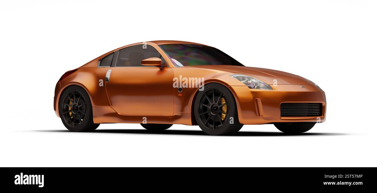 Izmir, Türkei - 17. Februar 2025: Ein 3D-gerendertes Bild eines orangen Nissan 350Z Sportwagens, das seine vordere Dreiviertelansicht vor einem weißen Hintergrund zeigt Stockfoto