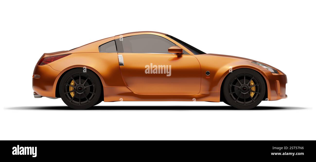 Izmir, Türkei - 17. Februar 2025: 3D-gerendertes Bild eines orangen Nissan 350Z Sportwagens, dessen vollständige Ansicht von der rechten Seite vor weißem Hintergrund zeigt; Stockfoto