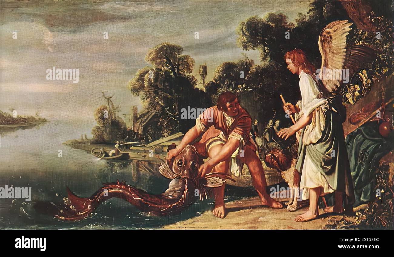 LASTMAN, Pieter Pietersz. (b. 1583, Amsterdam, d. 1633, Amsterdam) der Engel und Tobias mit dem Fisch um 1625 Öl auf Holz, 34,3 x 59 cm Museum der Schönen Künste, Budapest in diesem kleinen Gemälde zeigt Lastman die biblische Geschichte, die im Kreis Elsheimers sehr beliebt ist, deren Einfluss auch auf diesem Bild zu sehen ist. Die Geschichte wird im Buch Tobit erzählt. Tobias wurde von seinem Vater Tobit zu Media geschickt, um eine Summe Geld zurückzuholen, die er dort versteckt hatte. Arcangel Raphael, von Gott geschickt, um Tobit und seiner Familie zu helfen, fragte Tobit (der den Engel nicht erkannte), ob er ihn begleiten darf Stockfoto