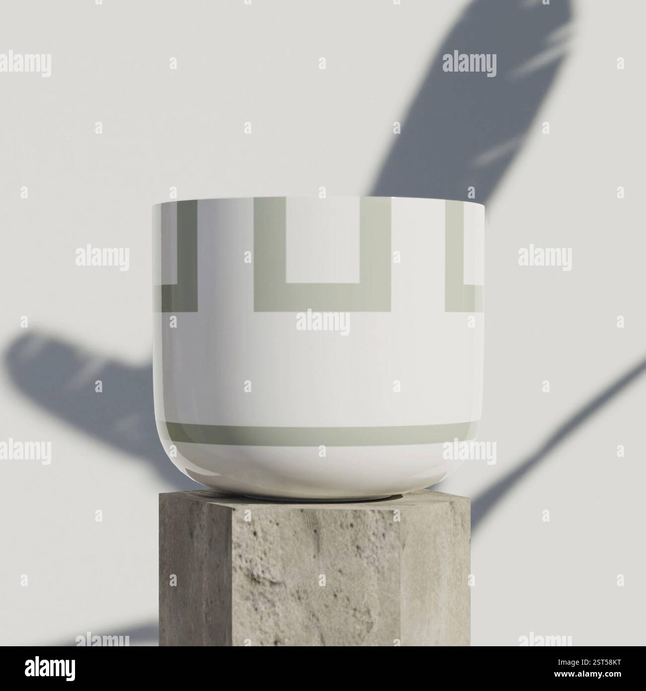 Ein minimalistischer Pflanzgefäß mit geometrischem Design wirft einen Schatten auf einen Betonsockel, Turkey.3D Stockfoto