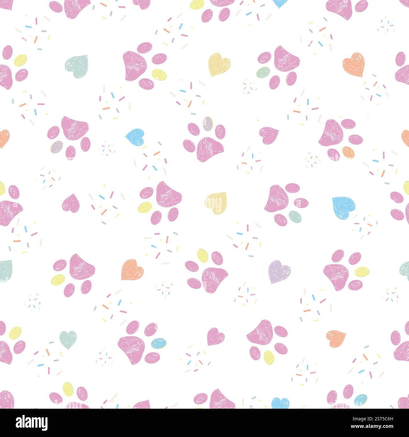 Pastellfarben, handgezeichnete Herzen und Pfoten, bunte Kuchenbonbons. Nahtloses Stoffmuster Stock Vektor