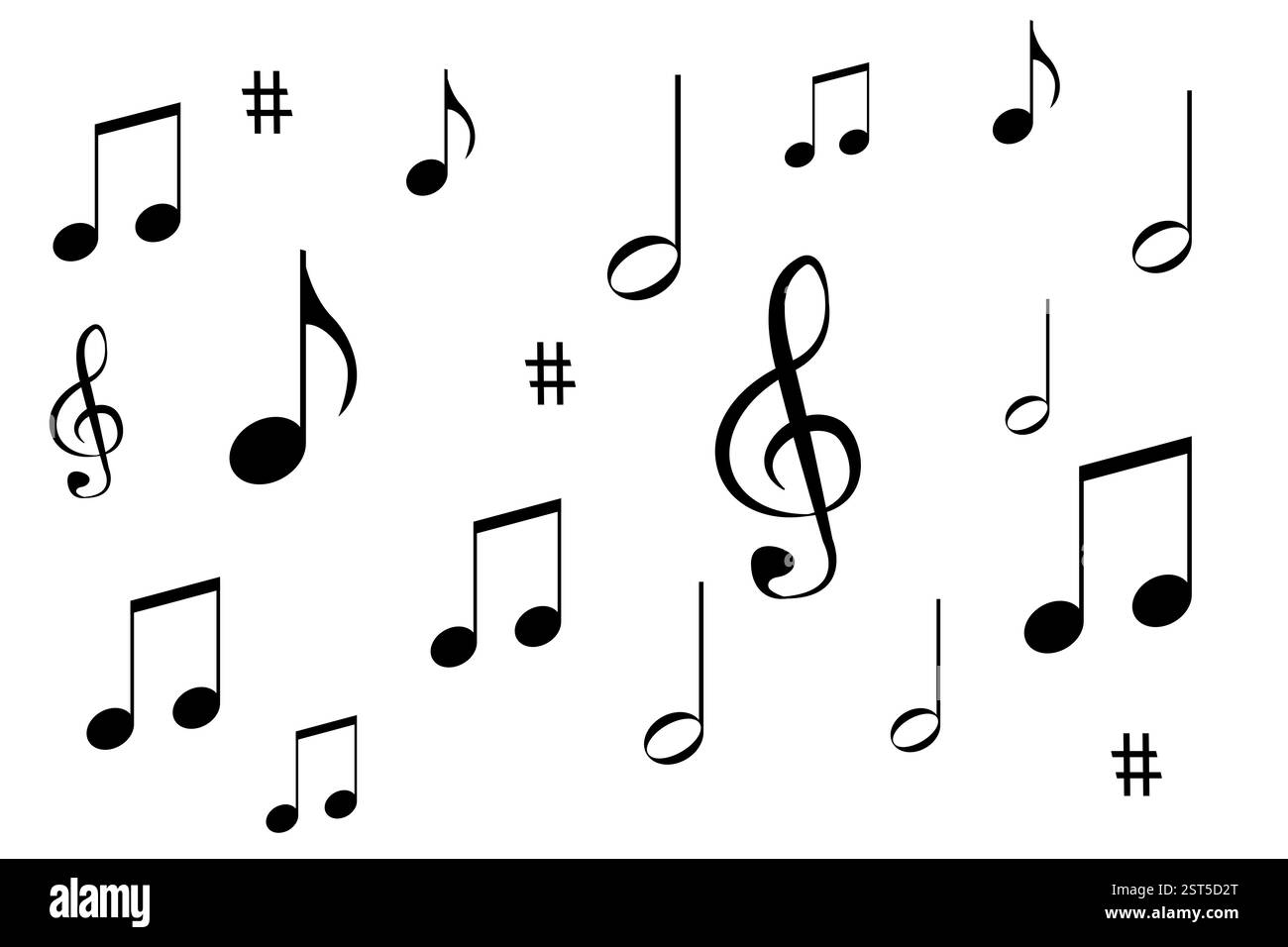 Musikalische Noten auf weißem Hintergrund, unangemessen verstreut. Musikhintergrund. Flaches Design. Stockfoto