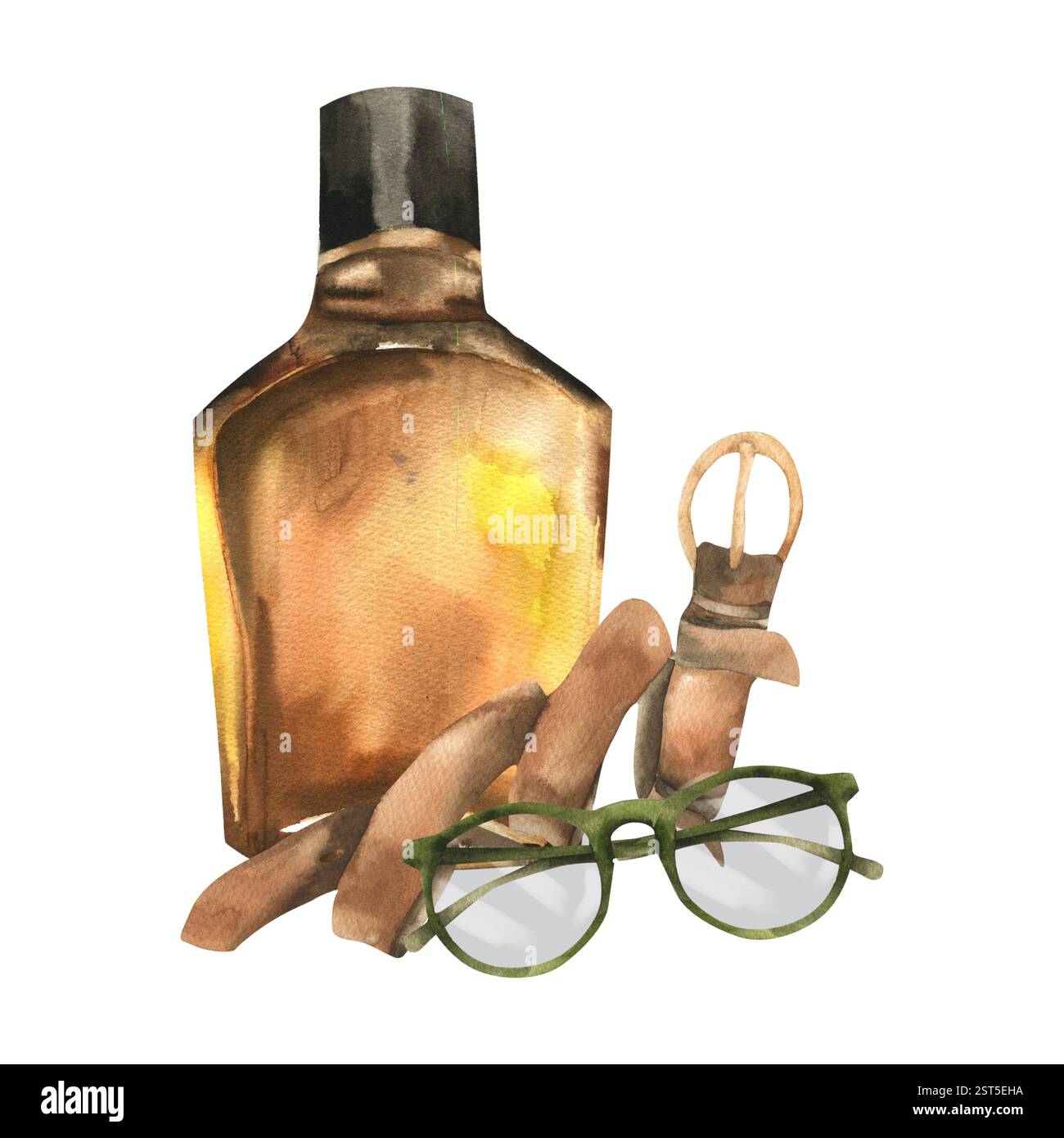 Irischer Whiskey in Flasche, brauner Ledergürtel und Aquarellillustration in Gläsern. Handgezeichnete Herren und Hipster Clipart, Alkohol und männliches Zubehör Stockfoto