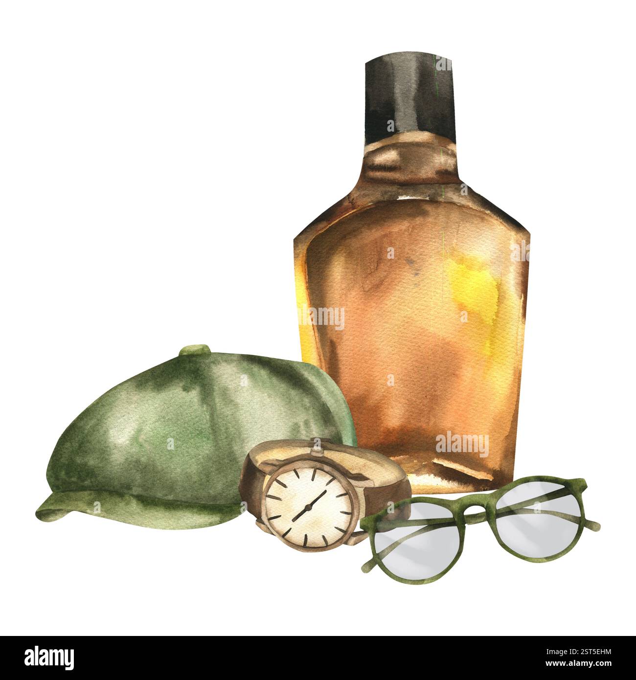 Irischer Whiskey in der Flasche, grüne Gentlemen-Kappe, Armbanduhren und Brille Aquarellillustration. Hand gezeichnet Hipster-Stil Clipart, männliche Accessoires zeichnen Stockfoto
