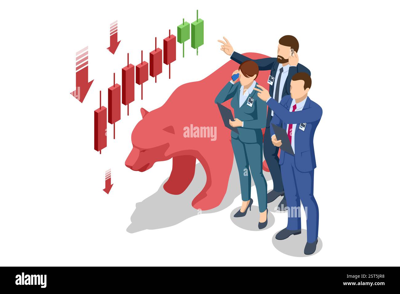 Eine isometrische Vektor-Illustration, die einen roten Bären mit einem rückläufigen Börsendiagramm, Bargeldstapeln und Menschen zeigt, die einen bärischen Trend symbolisieren. Stock Vektor