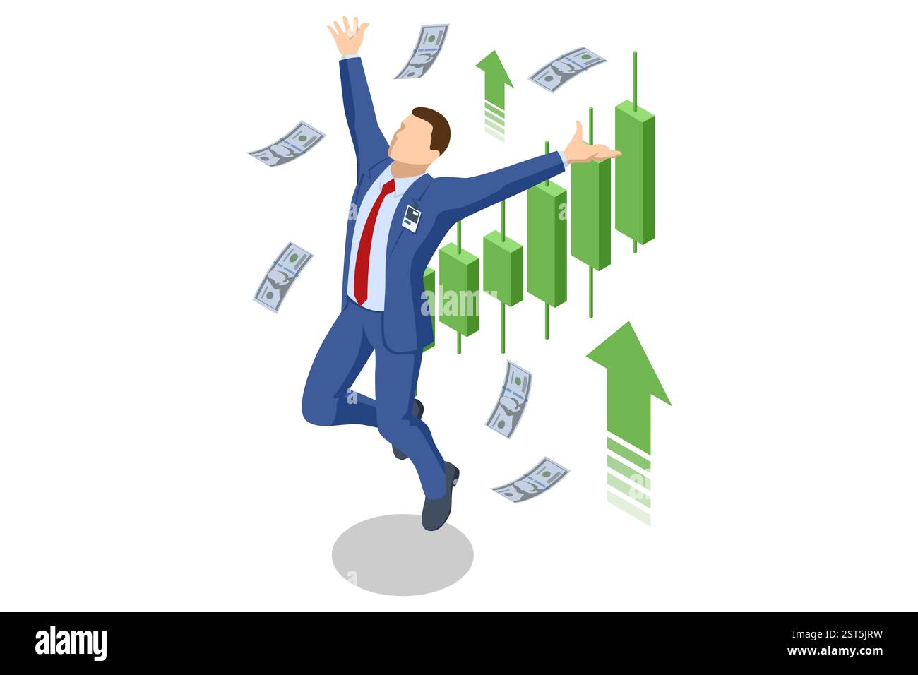 Eine isometrische Vektor-Illustration von Börsenmaklern mit einem großen grünen Stier und steigenden Aktiencharts, die einen bullischen Markttrend symbolisieren. Bullenmarkt Stock Vektor