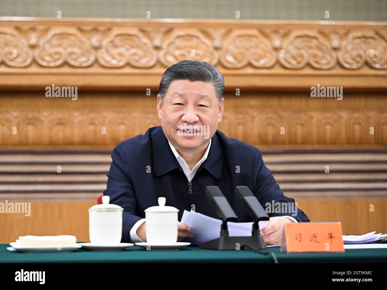Peking, China. Februar 2025. XI Jinping, Generalsekretär des Zentralkomitees der Kommunistischen Partei Chinas, auch chinesischer Präsident und Vorsitzender der Zentralen Militärkommission, nimmt am 17. Februar 2025 in Peking, der Hauptstadt Chinas, an einem Symposium über private Unternehmen Teil, wo er eine wichtige Rede hält. Quelle: Xie Huanchi/Xinhua/Alamy Live News Stockfoto