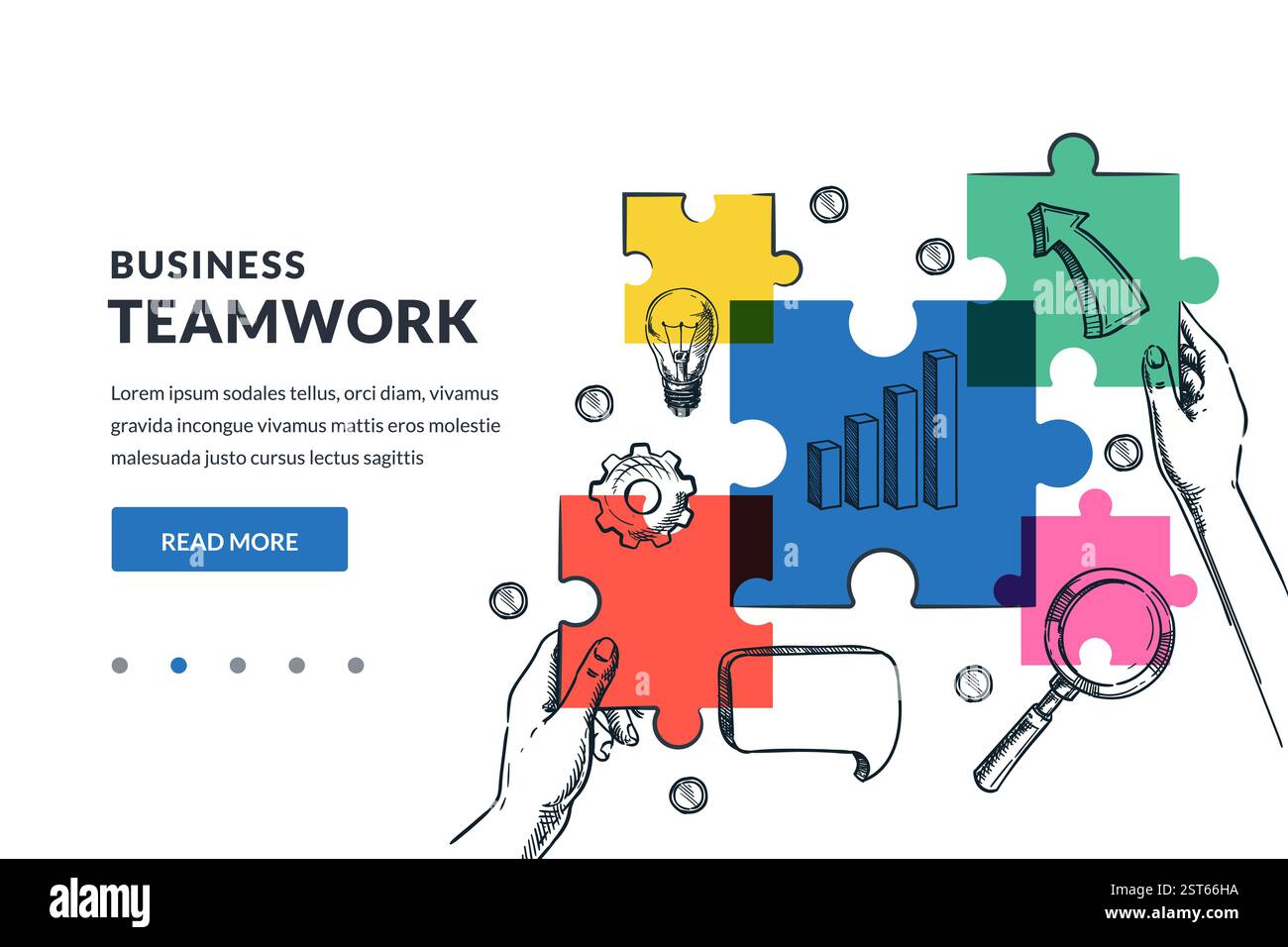 Hände mit bunten Puzzleteilen, Pfeil, Zahnrad, Glühbirne, Lupe. Vektor Hand gezeichnete Skizze Business Teamwork Illustration. Problem Stock Vektor