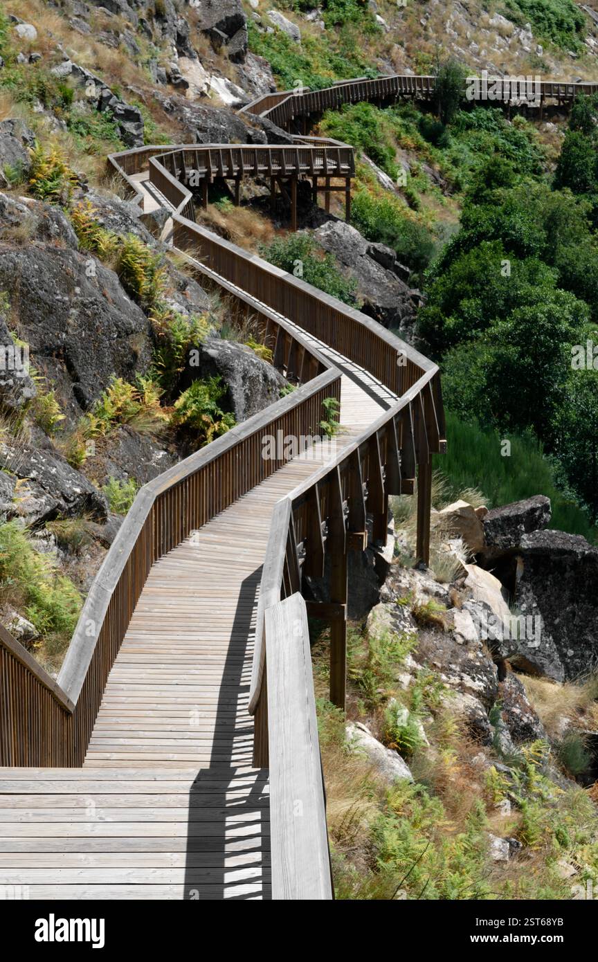 Verwinkelter Holzsteg der Mondego Walkways fügt sich in die raue Naturlandschaft ein Stockfoto