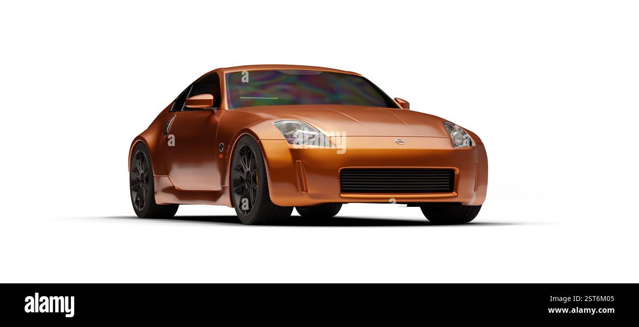 Izmir, Türkei - 17. Februar 2025: Ein 3D-gerendertes Bild eines orangen Nissan 350Z Sportwagens, das seine vordere Dreiviertelansicht vor einem weißen Hintergrund zeigt Stockfoto