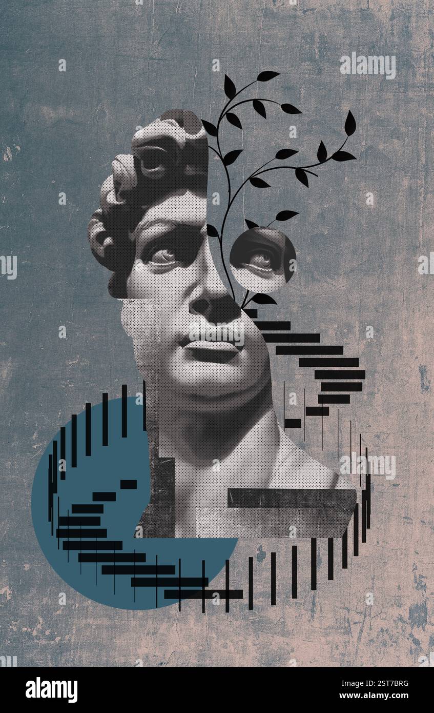 Collage mit antiken Skulpturen als menschliches Gesicht im Pop-Art-Stil. Modernes kreatives Konzept mit antikem Statuenkopf. Poster mit zeitgenössischer Kunst. Design Stockfoto