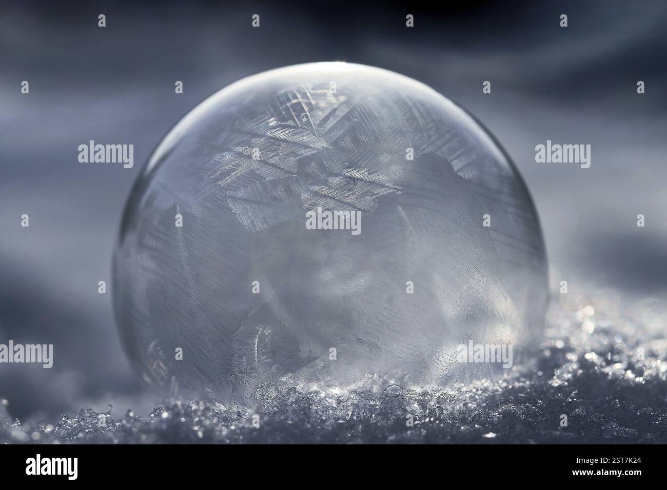 Eine gefrorene Seifenblase mit einem Muster im kalten Schnee Stockfoto