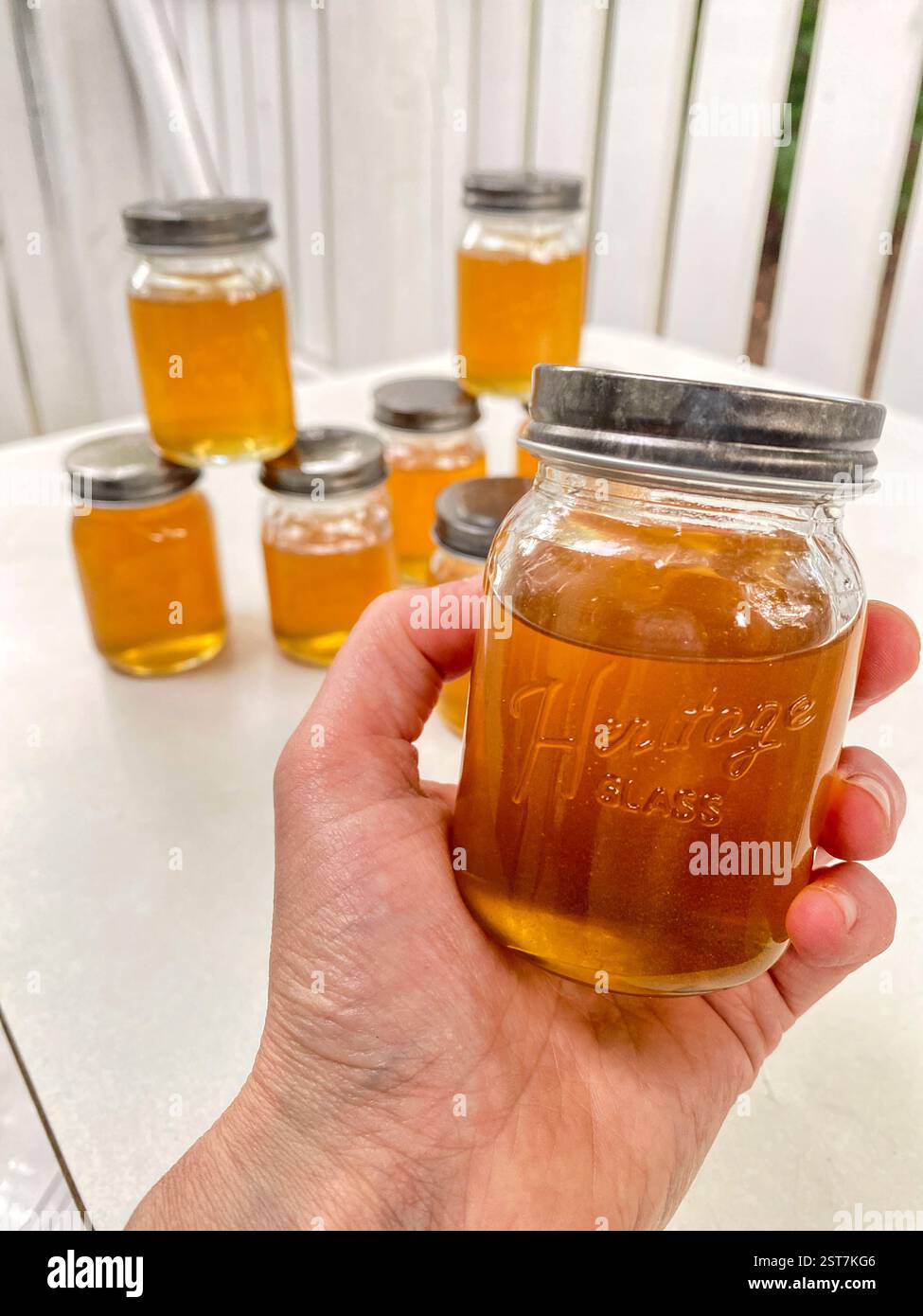 Glasgläser gefüllt mit Honig und Kamm, die übrig geblieben sind, nachdem ein großer Bienenstock von den Wänden eines Hauses entfernt wurde. Stockfoto