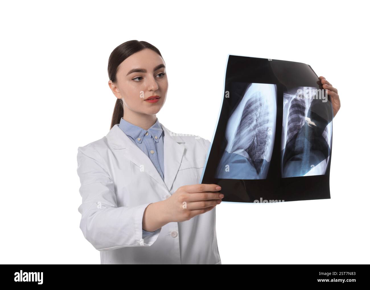 Arzt untersucht die Lungenröntgenaufnahme auf weißem Hintergrund Stockfoto