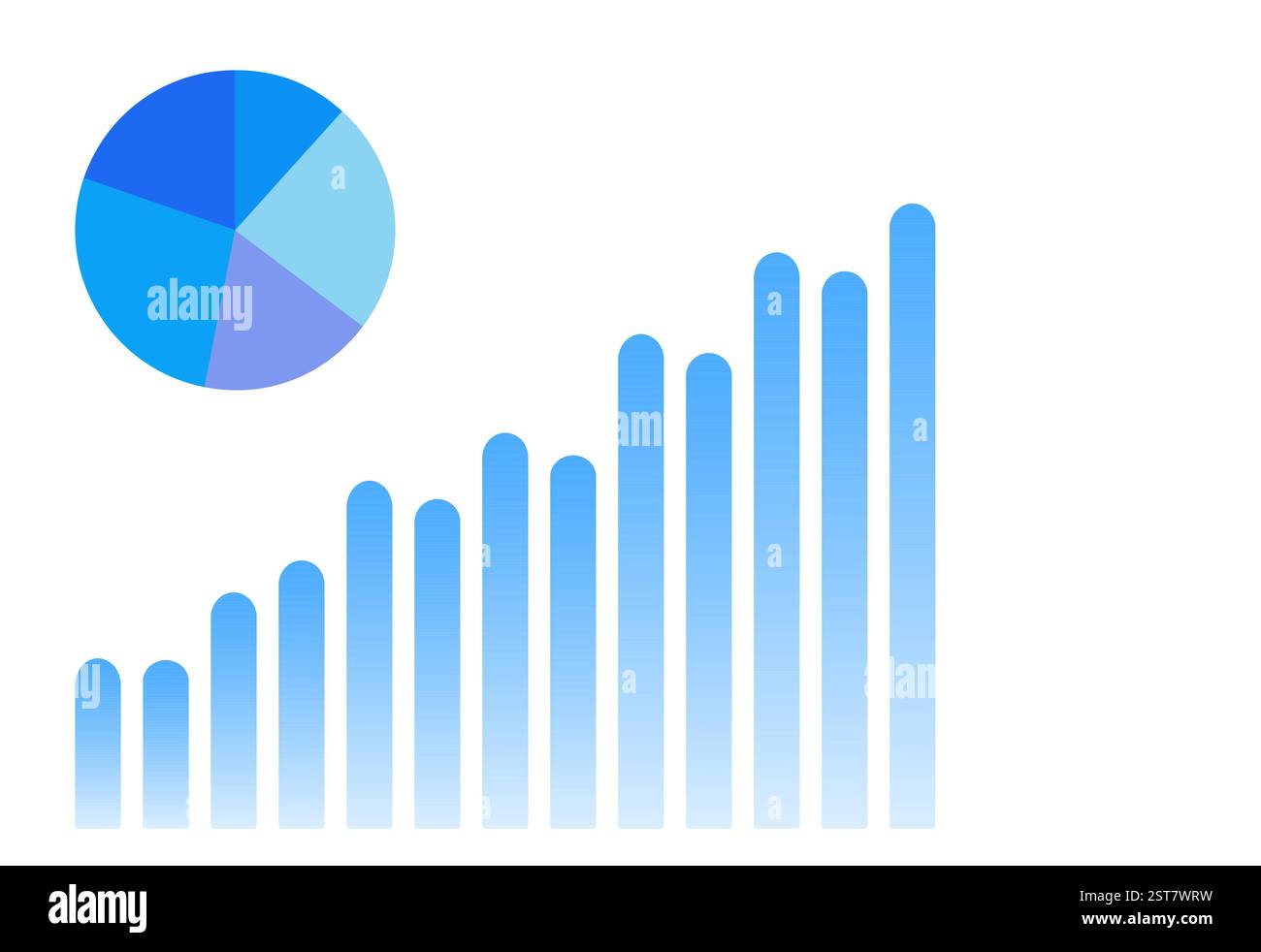 Neben einer Reihe von blauen Balken wird ein blaues Kreisdiagramm angezeigt. Das Tortendiagramm ist in fünf Abschnitte unterteilt, die jeweils eine andere Farbe haben Stock Vektor