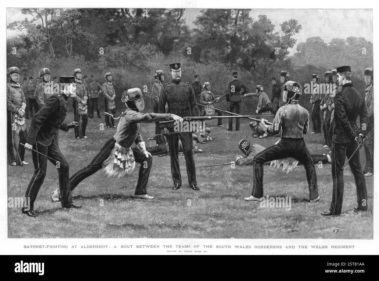 Bajonettkämpfe bei Aldershot: Zwischen den South Wales Borderers und dem walisischen Regiment. Gezeichnet von Frank Dadd. Kupferstich von W.J. Palmer - The Graphic. Stockfoto