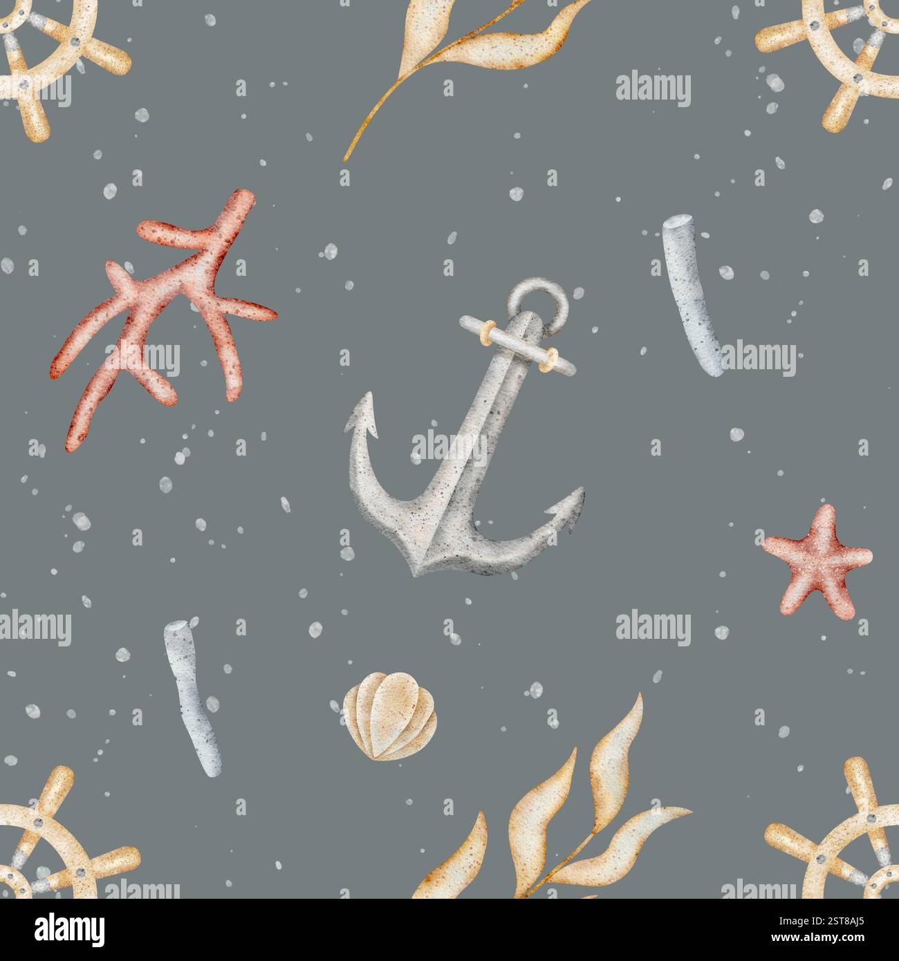 Anker mit Aquarellmuster, Lenkrad in Muscheln, Algen, Korallen. Handgezeichnete Illustration im Marine-Stil. Endloser Druck auf graublauem Hintergrund Stockfoto