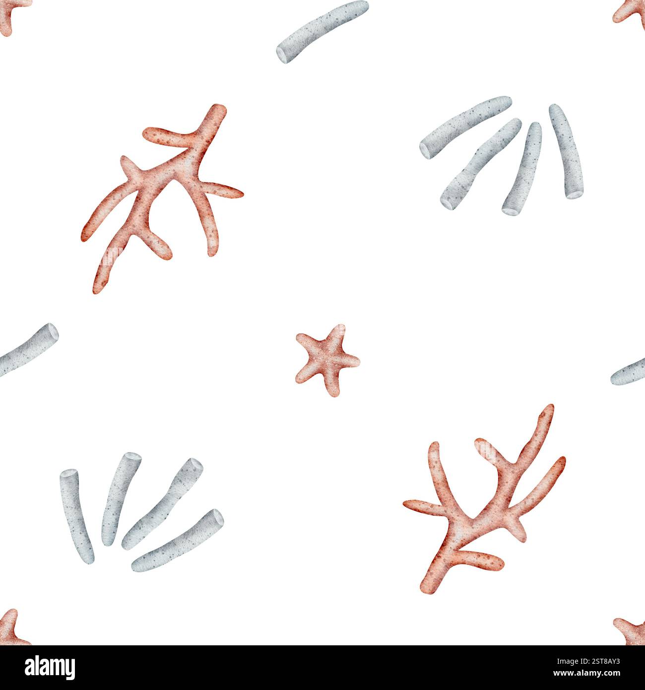 Muscheln mit Aquarellmuster, Korallen, Seesterne. Handgezeichnete Illustration im Marinestil. Endloser Sommerdruck auf weißem Hintergrund für Stoff und Textil Stockfoto