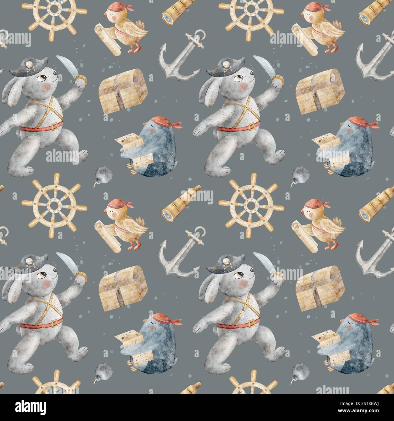 Piraten im Aquarellmuster, Kaninchenkapitän, Pinguin, Papagei, Anker, Rad. Handgezeichnete Abbildung. Grau-blauer Hintergrund, Stoff, Textil Stockfoto
