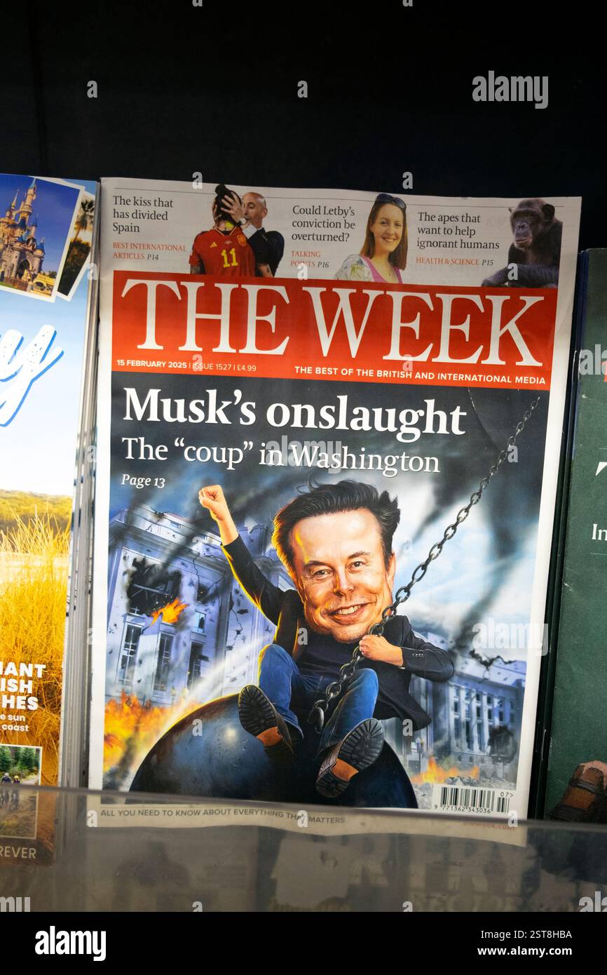 Elon „Musks Ansturm“ „der Coup in Washington“ Titelzeile der WOCHE auf dem Magazin der Zeitungskiosk-Zeitungskiosk London UK 2025 Stockfoto