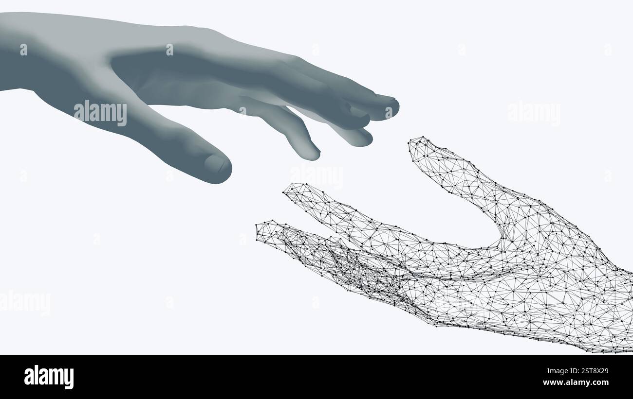 Die Hand des KI-Netzwerks berührt die menschliche Hand auf weißem Hintergrund. KI-Tools, die Menschen helfen. Technologiekonzept künstlicher Intelligenz Stockfoto