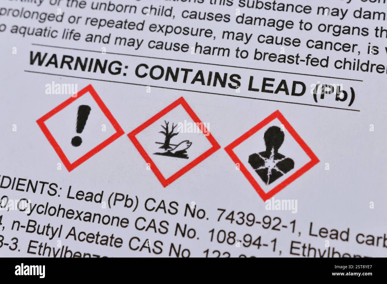 Warnhinweis auf einem Sicherheitsdatenblatt, der darauf hinweist, dass das Produkt Blei (Pb) - ein bekanntes Neurotoxin - enthält. Es werden standardmäßige Piktogramme für chemische Gefahren angezeigt Stockfoto