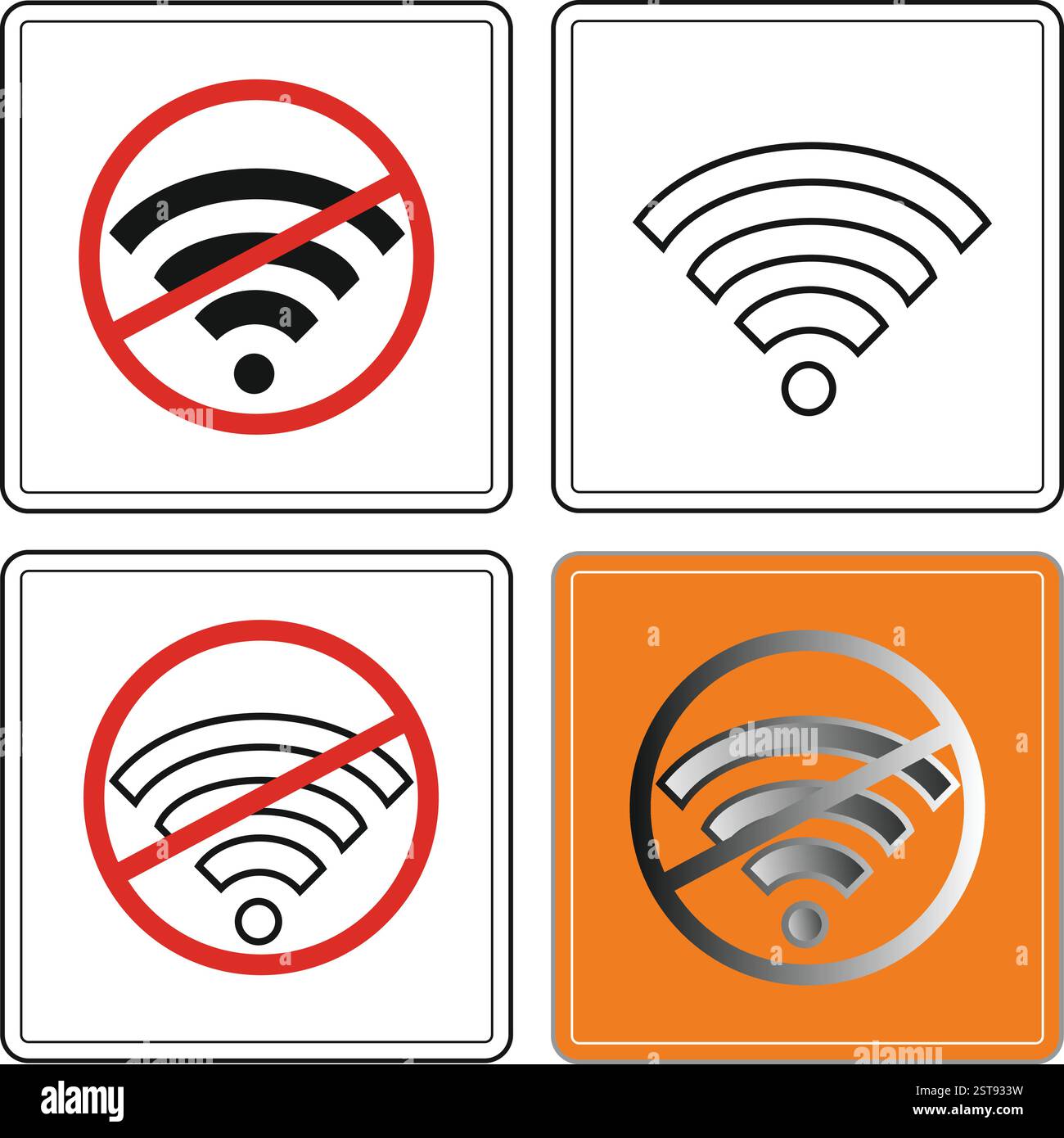 Vier verschiedene Symbole ohne wlan, die einen eingeschränkten Internetzugang anzeigen. Stock Vektor