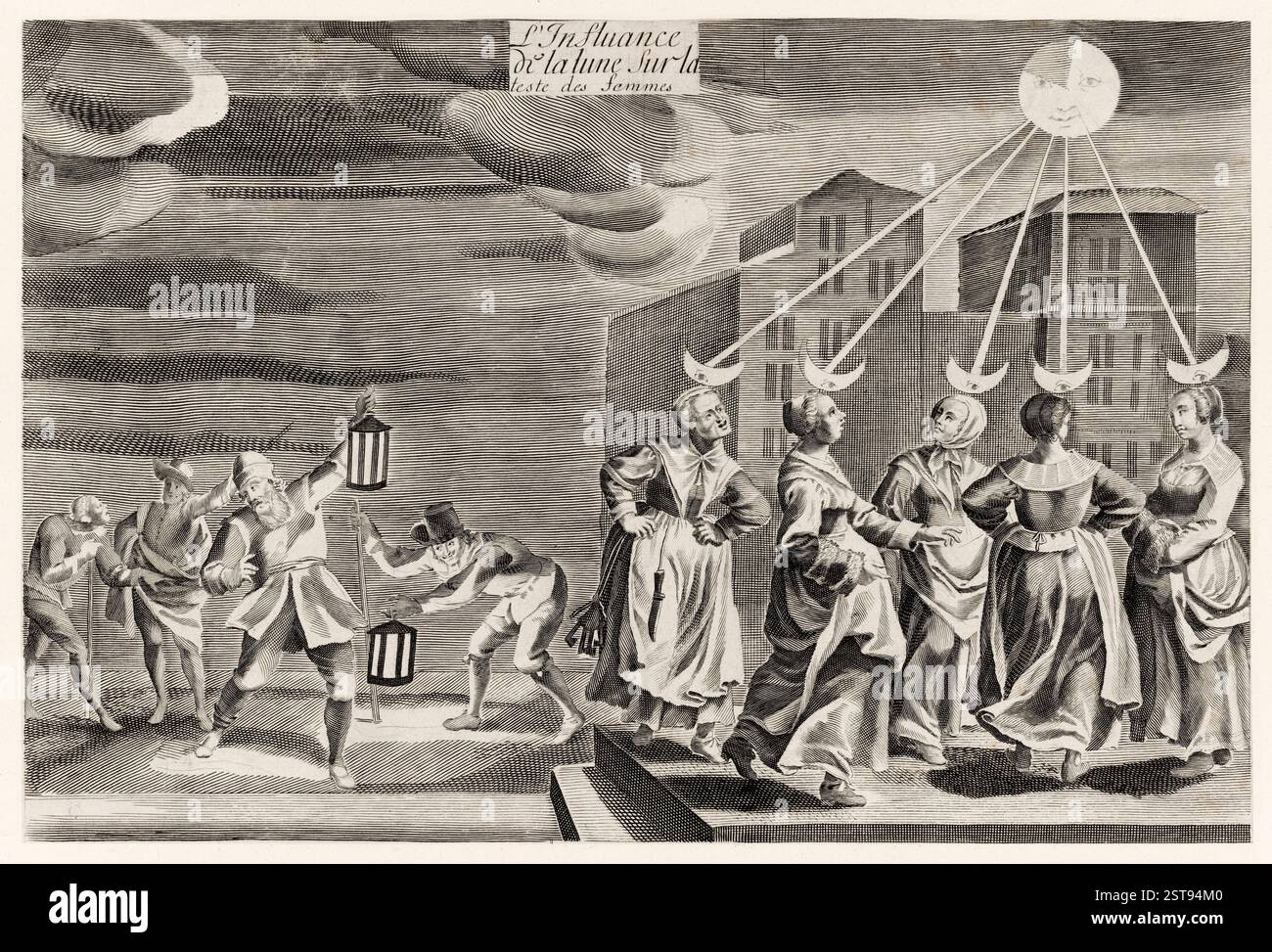 L'Influance de la lune sur la Test de femmes [der Einfluss des Mondes auf die Köpfe der Frauen] 1652 Gravur, die eine satirische Szene von fünf Frauen zeigt, die unter dem Mondlicht tanzten, wobei Teile der Monde auf dem Kopf liegen. Die Arbeit kritisiert humorvoll die Überzeugungen über das Verhalten von Frauen, das von Mondzyklen gesteuert wird, und es sind angeblich intermittierende Auswirkungen auf den Verstand, die sogenannte „Wahnsinn“. Stockfoto
