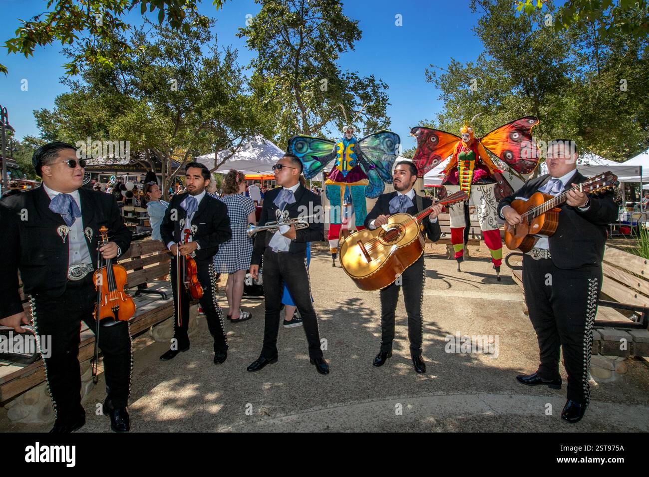Zwei Frauen tragen raffinierte Schmetterlingskostüme auf Stelzen und treten einer mexikanischen Mariachi-Band bei einem Schmetterlingsfest in San Juan Capistrano, KALIFORNIEN, bei. Stockfoto
