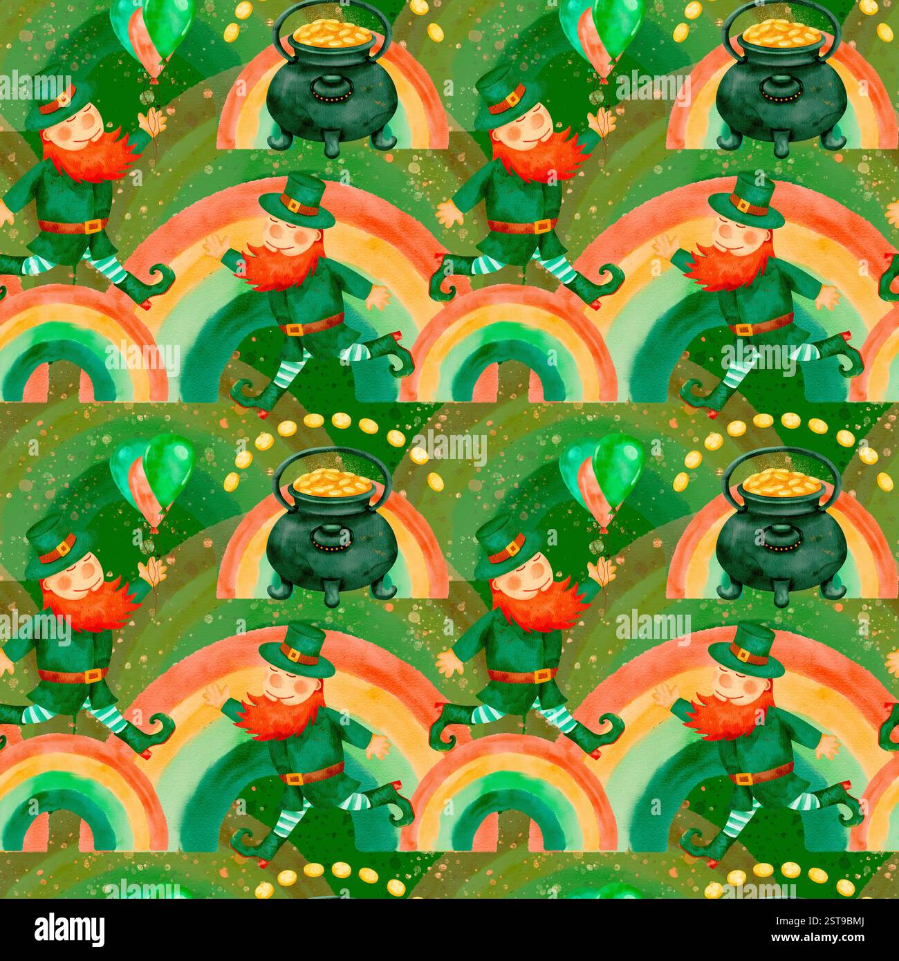 Farbenfrohe Leprechauns, Regenbögen und goldene Töpfe feiern den St. Patrick's Day in diesem lebendigen Muster. Nahtloses Aquarellmuster für den Druck auf Stoff und Papier. Stockfoto