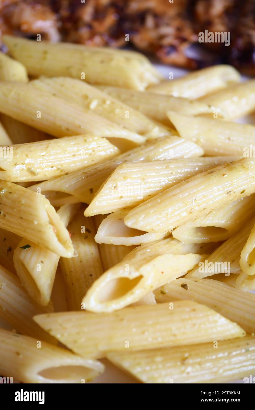 Köstliche gekochte Penne Pasta serviert mit Gewürzen und Kräutern Stockfoto