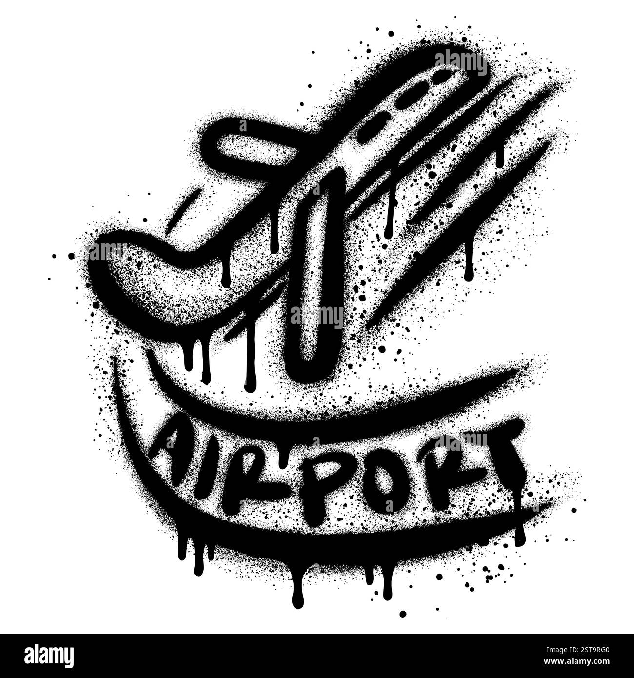 Flughafen mit Flugzeugsymbol im Graffiti-Stil, Illustration des Verkehrskonzepts. Lackiertes Flughafensymbol auf weißem Hintergrund Stock Vektor