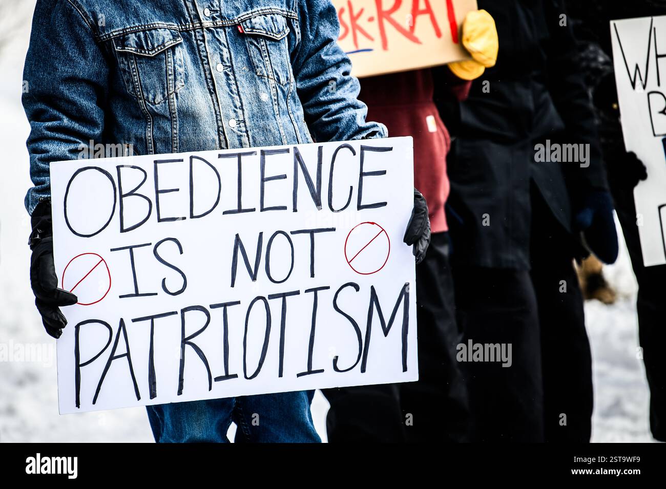 Demonstranten protestieren gegen die Politik der Trump-Regierung während der Vermont-Version des 50 States Presidents' Day-Protestes am 17. Februar 2025 im Vermont State House in Montpelier, VT, USA. Stockfoto