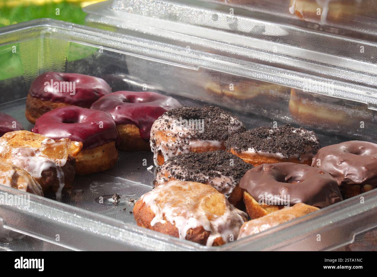 Glasierte Donuts in einem durchsichtigen Plastikbehälter, der auf einem Bauernmarkt in Maple Ridge, B.C., Kanada, zum Verkauf angeboten wird. Stockfoto