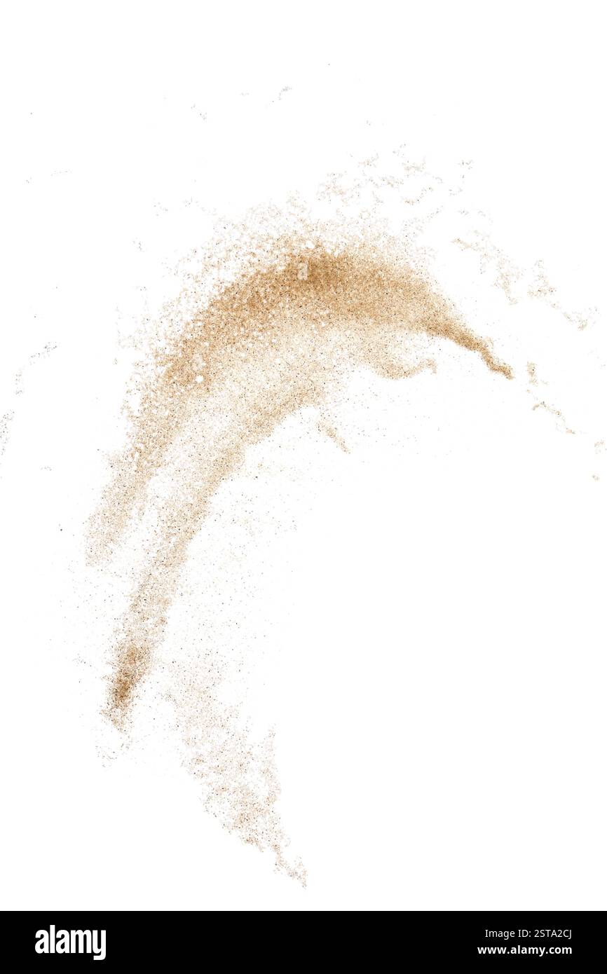 Wirbel von Strandsand auf weißem Hintergrund. Draufsicht Stockfoto