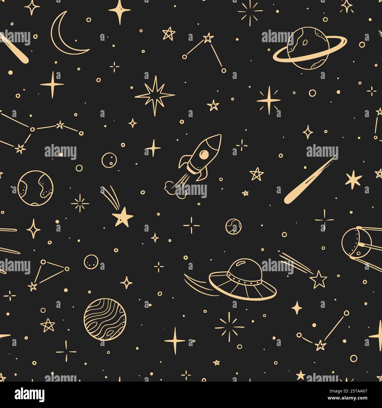 Nahtloses Muster des Vektors der Weltraumsterngalaxie. Hand gezeichnet Kritzelskizze Linie Stil Galaxie Planet Stern, Rakete, Mond netter Himmel Hintergrund. Space Planet Kid kritzelt Universum Muster. Vektorabbildung Stock Vektor