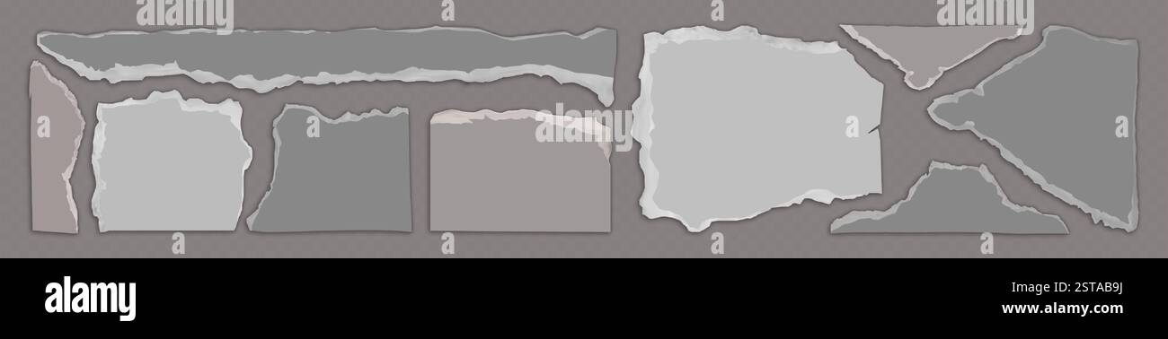 Papierkanten mit gerissenen unregelmäßigen Formen in Grautönen. Gerissene rechteckige Fragmente mit strukturierten Rändern. Sammlung realistischer alter, zerrissener Stücke mit ungleichmäßigen Grenzen. Stock Vektor