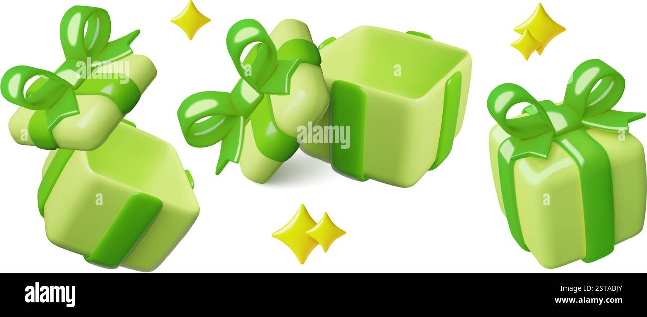 Grüne 3D-Geschenkboxen mit geöffneten und geschlossenen Symbolen präsentieren realistische Vektorabbildungen Stock Vektor