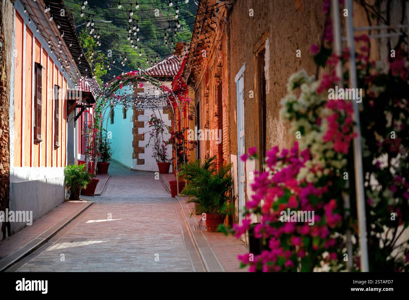 Enge, farbenfrohe Straße in der Stadt La Guaira in der Nähe der venezolanischen Hauptstadt Caracas. Stockfoto Enge, farbenfrohe Straße in der Stadt La Guaira in der Nähe der venezolanischen Hauptstadt Caracas. Stockfoto