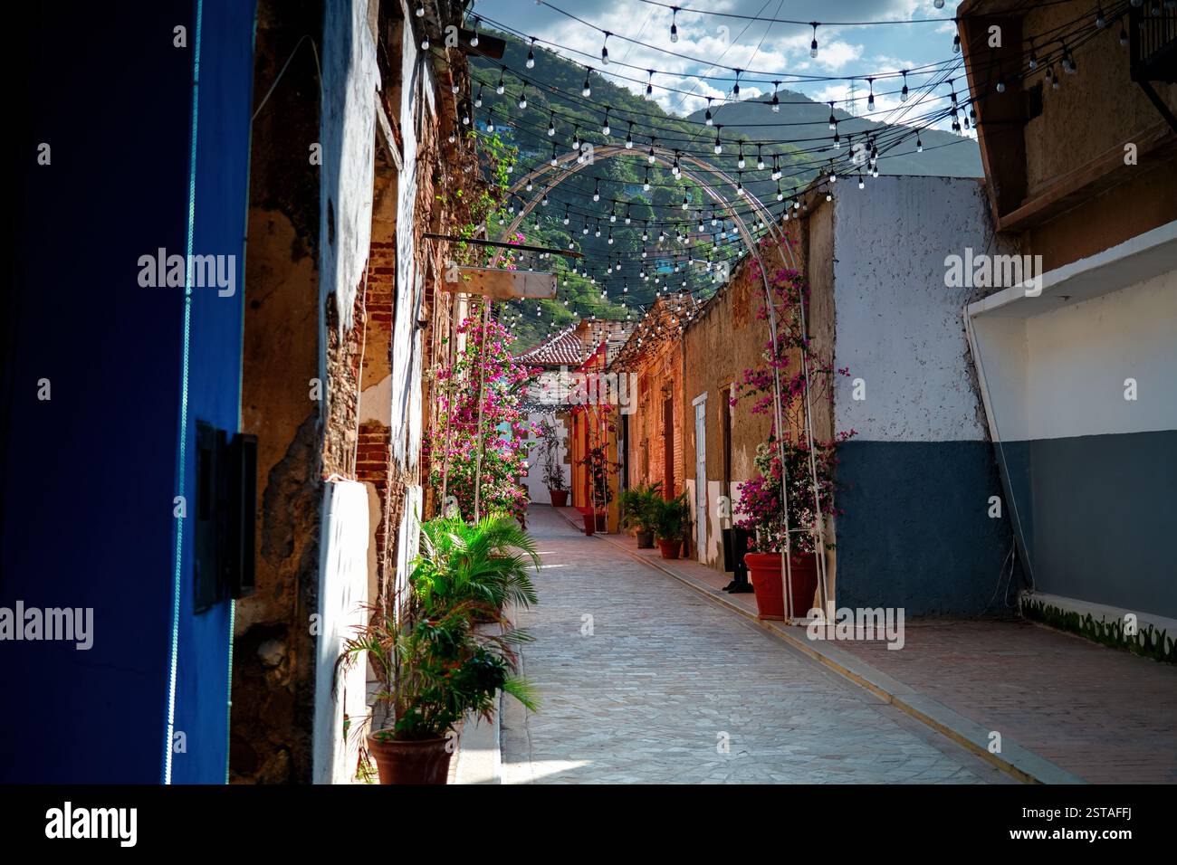Malerischer Blick auf eine Straße in der wunderschönen Stadt La Guaira. Steinfarbene Häuser und eine enge Kopfsteinpflasterstraße mit blumengeschmückten Eingängen, lateinische Ameri Stockfoto Malerischer Blick auf eine Straße in der wunderschönen Stadt La Guaira. Steinfarbene Häuser und eine enge Kopfsteinpflasterstraße mit blumengeschmückten Eingängen, lateinische Ameri Stockfoto