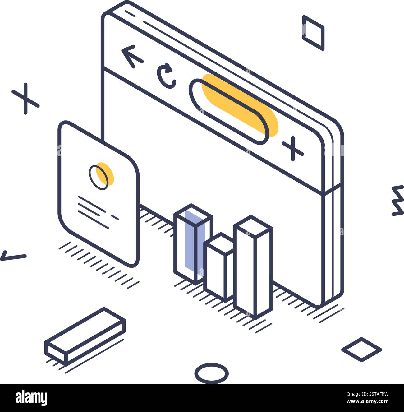 Das isometrische Line Art Symbol konzentriert sich auf die Interaktion in sozialen Medien. Es verfügt über ein Browserfenster, eine Karte und Balkendiagramme, die moderne Datenanalysen in veranschaulichen Stock Vektor