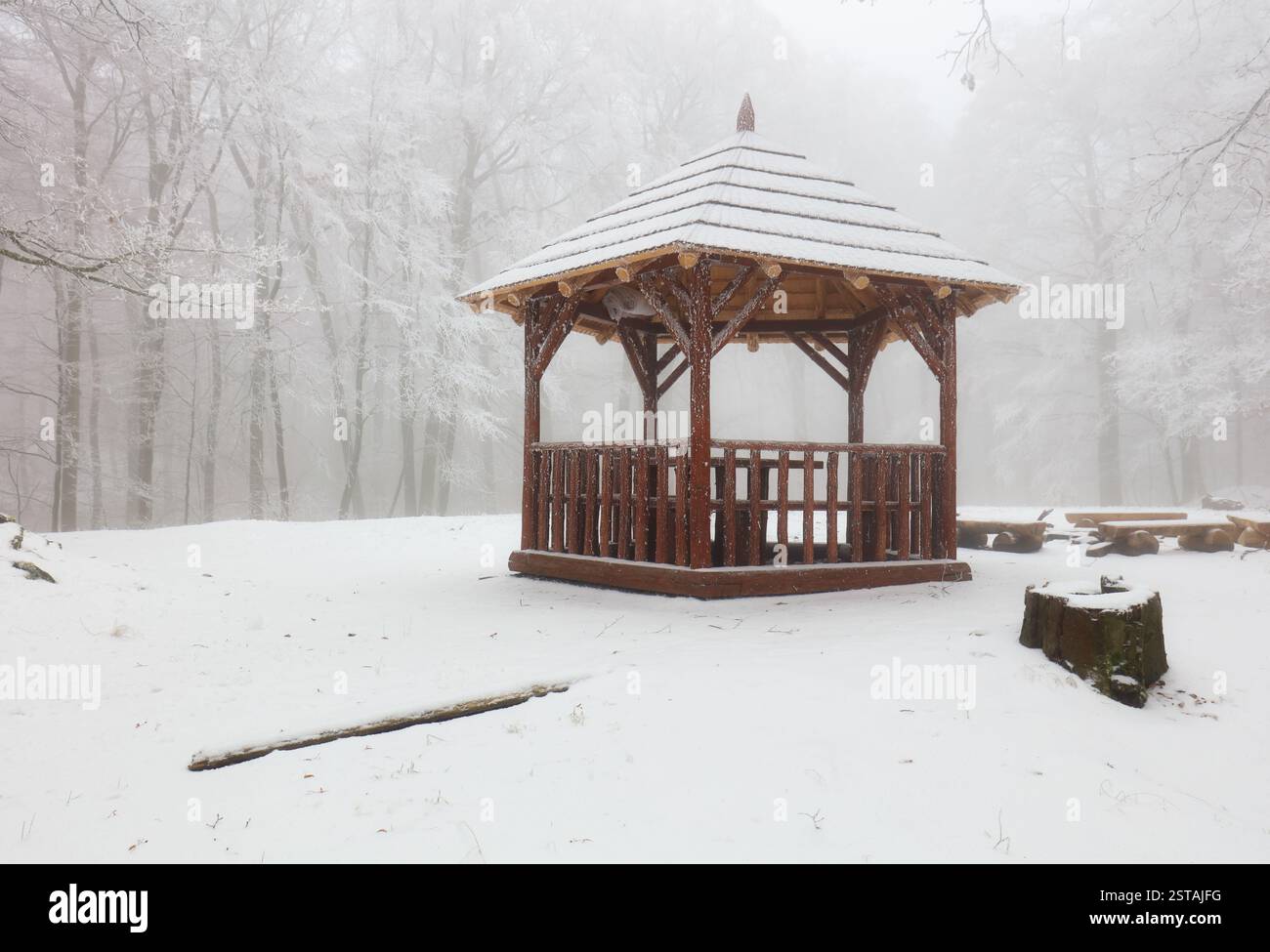 Rastplatz im Winterwald für Touristen und Reisende. Holzunterstand mit Bank, Tisch und schneebedecktem Dach. Kleine Hütte im Wald zum Picknick Stockfoto