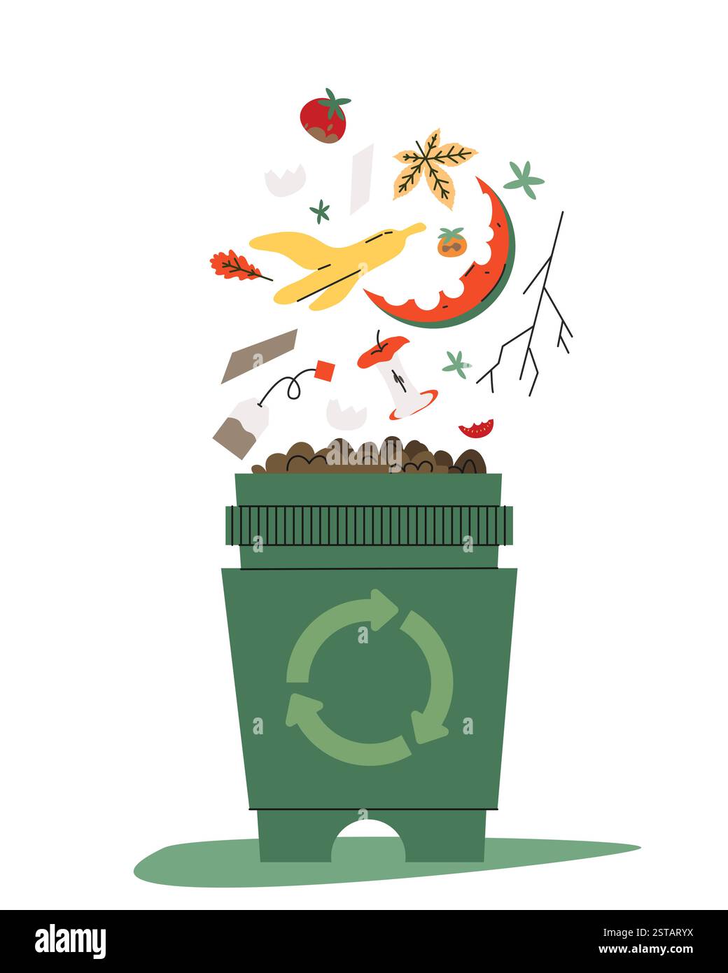 Kompostbehälter mit organischer Abfallvektor-Illustration Lebensmittelreste, Blätter und biologisch abbaubare Materialien für nachhaltige Gartenarbeit und Abfallreduzierung Stock Vektor