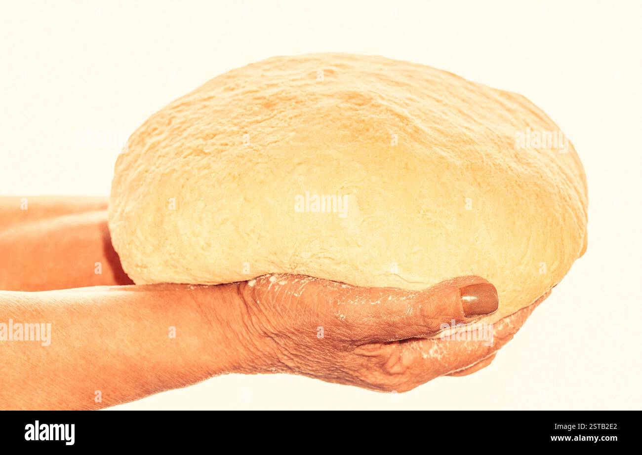 Hände, die einen fertigen, sauberen Teig halten. Hände halten den Teig bereit zum Backen. Alte Frauenhände verarbeiten den Teig zu Weizenbrot Stockfoto