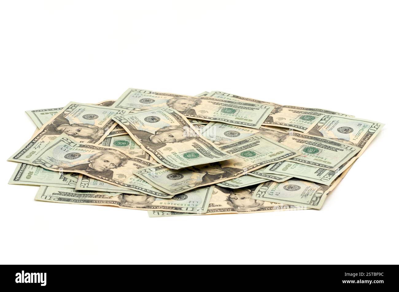 Ein Stapel von 20 Dollar-Scheinen, isoliert auf weißem Hintergrund Stockfoto