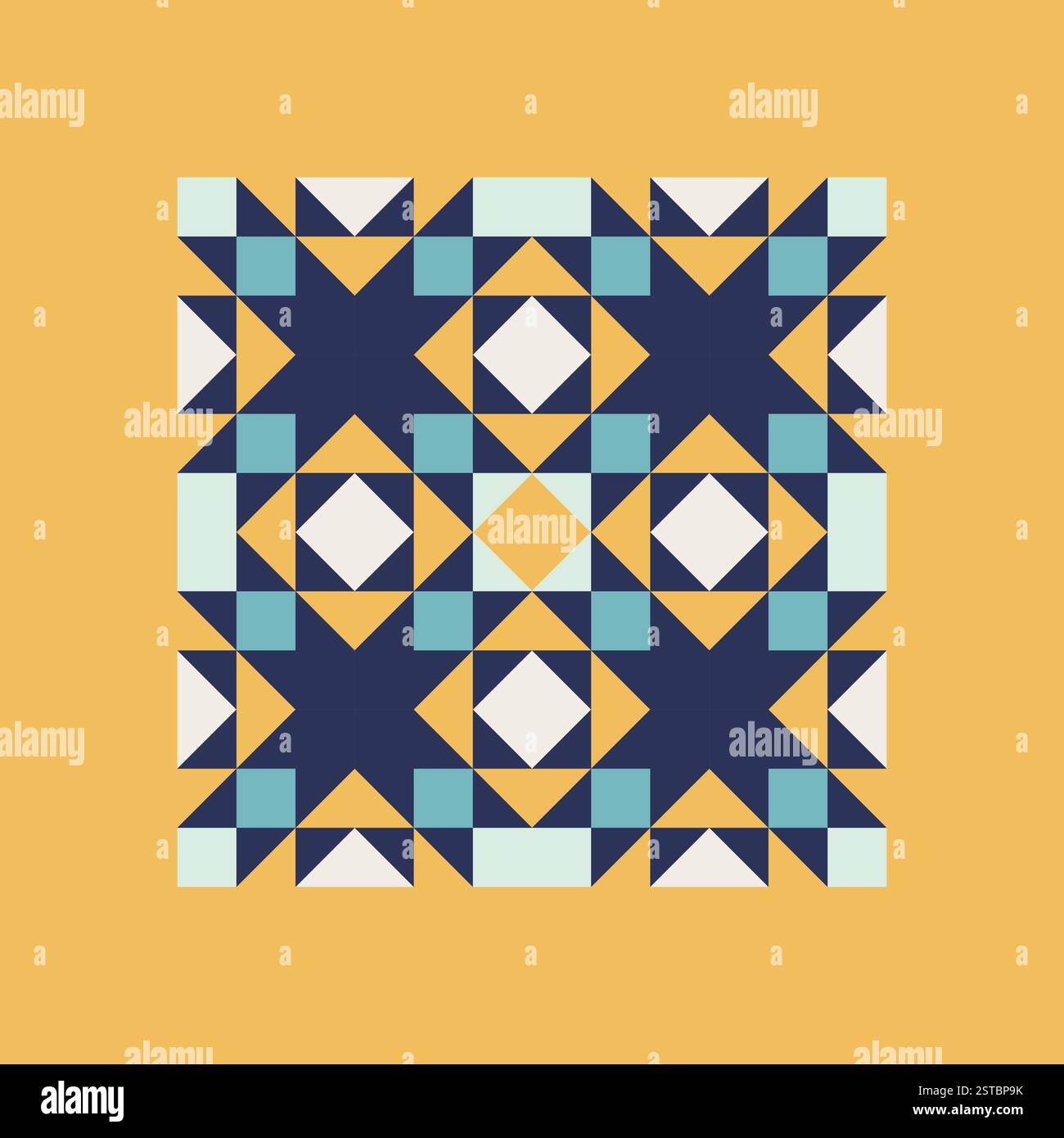 Geometrischer Muster Kunstdruck mit blauen und senfgelben Akzenten, sich wiederholenden Mustern, Vektorkunststil, einfache Formen, flache Farbblöcke, Retro-Design Stock Vektor