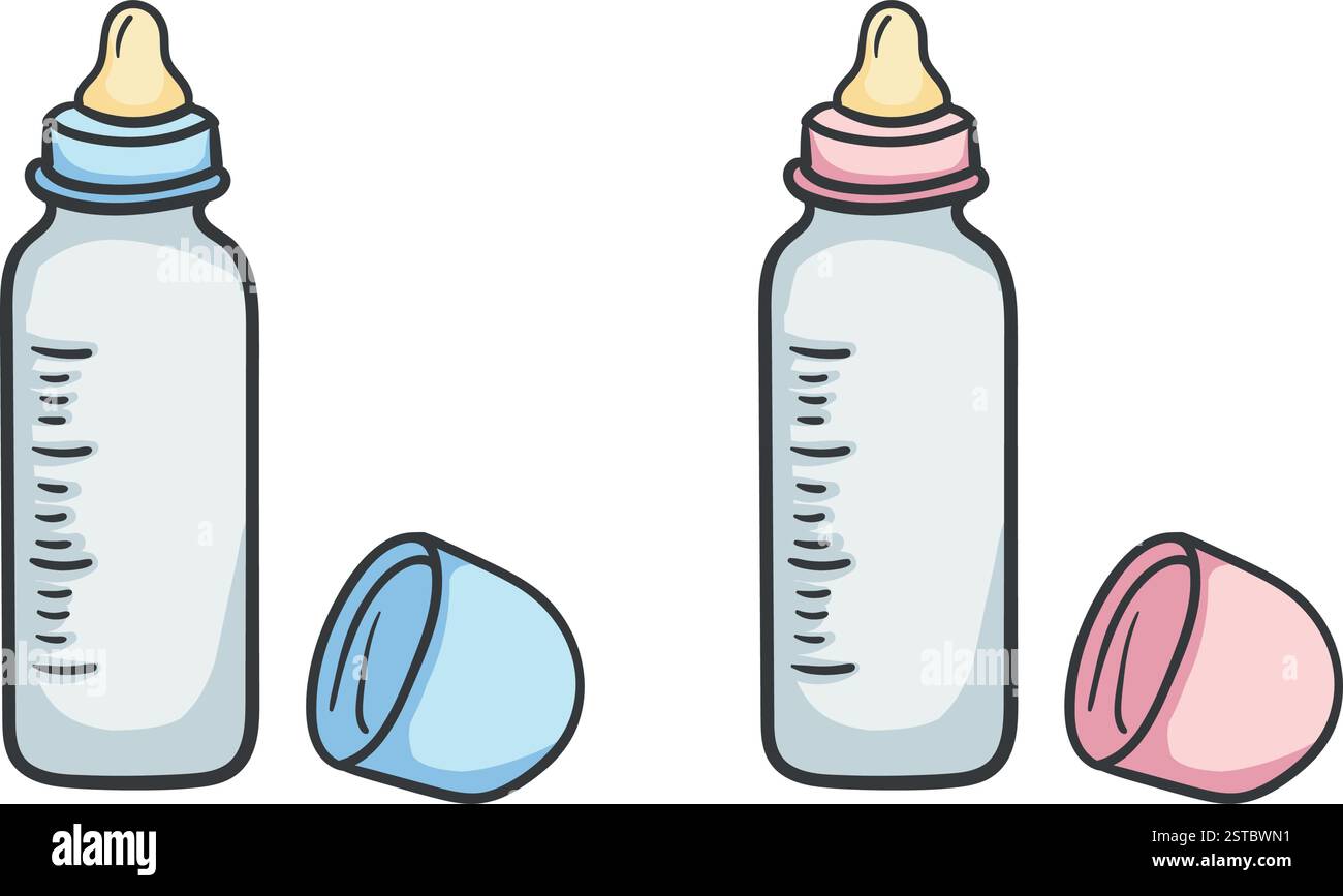 Flaschen mit Schnuller für Jungen und Mädchen. Vektorillustration auf weißem Hintergrund. Bild für Kinderbuch, Aufkleber Stock Vektor